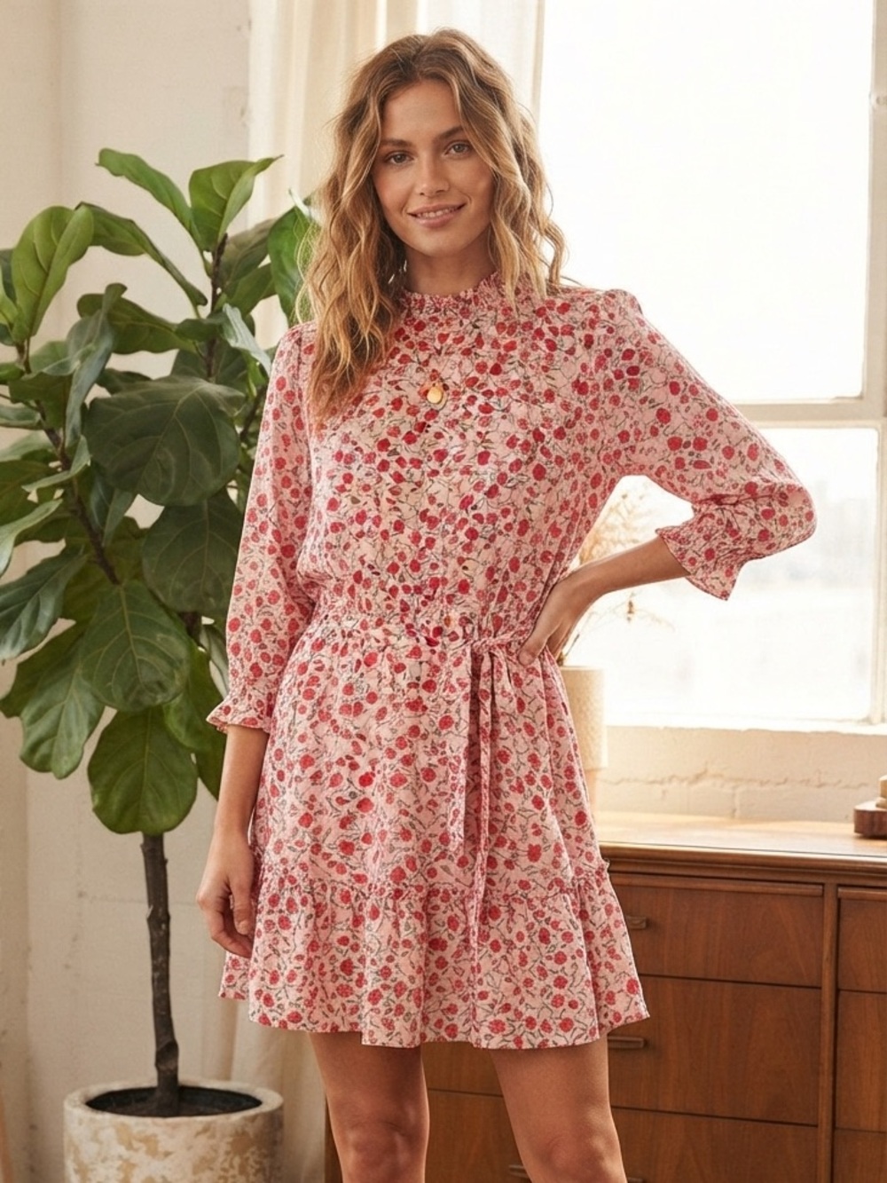 Sweet Rain High Neck Long Sleeve Floral Dress